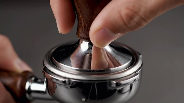 Close-up of hand preparing espresso with coffee tamper and portafilter