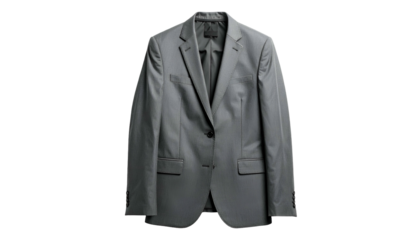 A sophisticated, gray, tailored men's blazer, front-facing, floating against a black background
