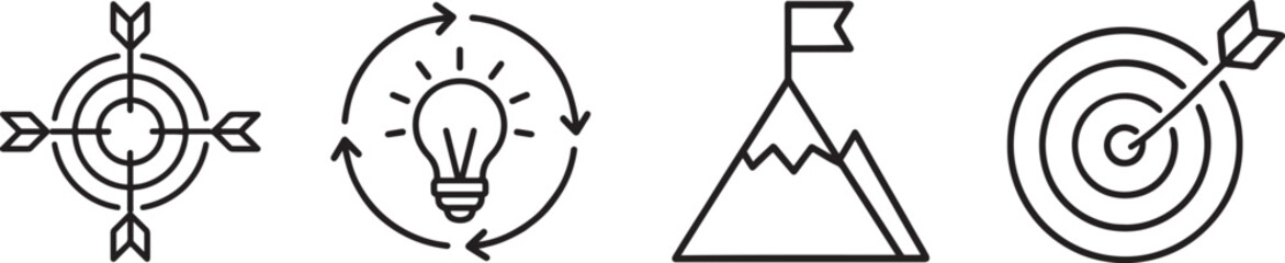 Editable line icon set for personal success stories, growth, motivation, and achievement visuals.