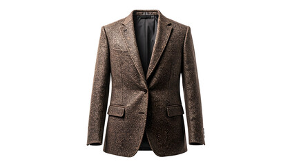 A textured, tailored brown blazer isolated on black background, showcasing intricate details