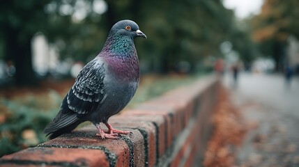 Urban pigeon stands on red brick ledge showing sharp focus on iridescent neck feathers against blurred green park background scenery.