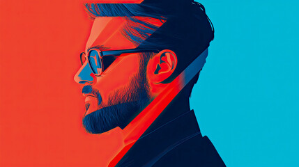 Modern vector portrait of bearded man wearing glasses, rendered with striking color split effect, contrasting bold red and serene blue hues for dynamic and artistic profile.