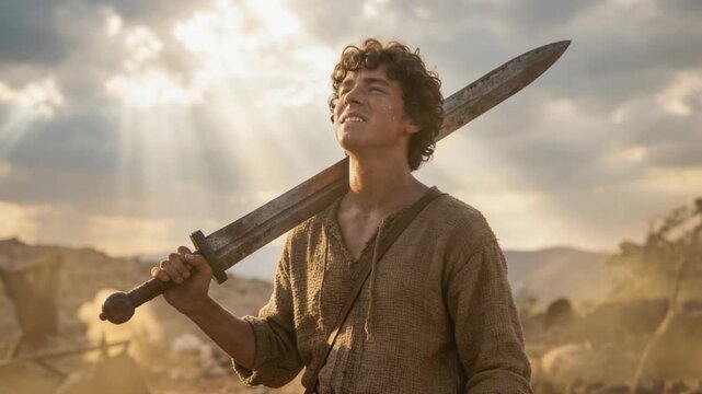 David's Triumph: The Victorious Shepherd Wielding Goliath's Sword in Beams of Divine Light. Biblical AI genereted video - part 5
