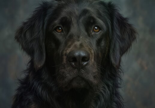 close-up portrait of a beautiful black flat-coated retriever with warm brown eyes looking directly at the camera