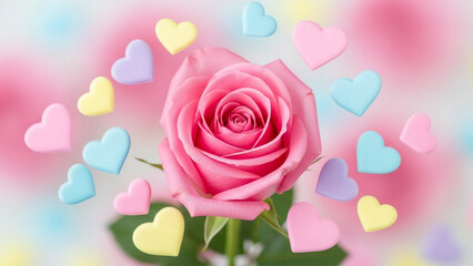 Beautiful pink rose surrounded by colorful hearts on soft background
