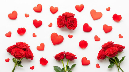 Red roses and heart shapes arranged on a white background for valentines day celebration