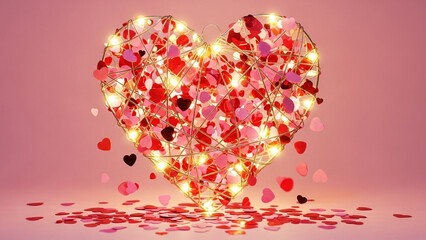 A heart shaped lights and hearts on a pink background with petals scattered around