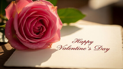 Pink rose on a happy valentines day card with elegant script on a blurred background