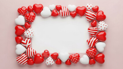 Valentines day frame with red and white hearts on pink background for love and romance
