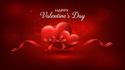 Happy valentines day greeting card with red hearts and ribbons on dark red background