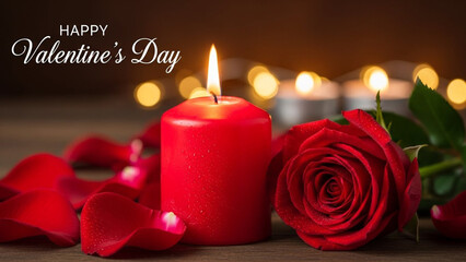 Happy valentines day with red candle and rose on wooden table romantic ambiance
