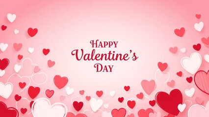 Happy valentines day greeting with red and pink hearts on pink background