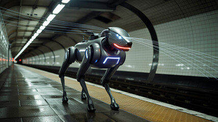 Robotic Dog on Subway Platform: A sleek, metallic robotic dog strides confidently along a subway platform, its futuristic design and glowing features illuminated within the tunnel's muted light. 