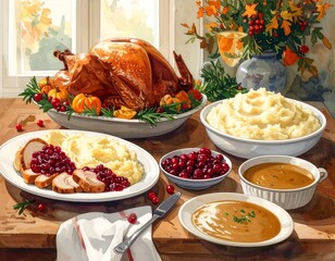 Watercolor-style depiction of a Thanksgiving feast with turkey, sides, and festive autumn decor