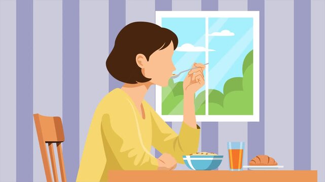 Woman Enjoying a Calm Breakfast by the Window. Breakfast time concept. Full length animation illustration. High quality&nbsp;4k&nbsp;footage