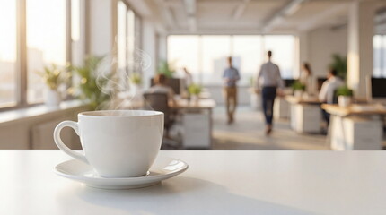 Cup of coffee with rising steam in the foreground of a large modern office with employees working. Conceptualizing morning mood and productivity and a professional business lifestyle.