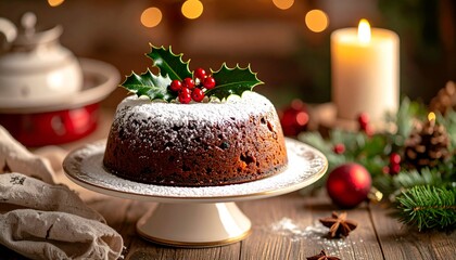 Festive dessert Christmas pudding on a pedestal, decorated with holly, candles, and ornaments