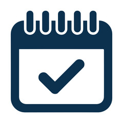 Calendar Icon with Checkmark in Dark Blue Outline Representing Scheduling and Task Completion Vector