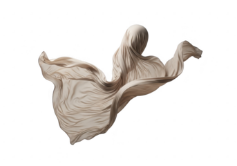 Ethereal fabric ghost figure floating against a dark background