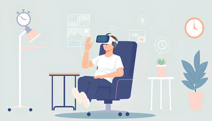 Illustration of rehabilitation therapy using VR headset, patient sitting on chair while interacting with virtual environment