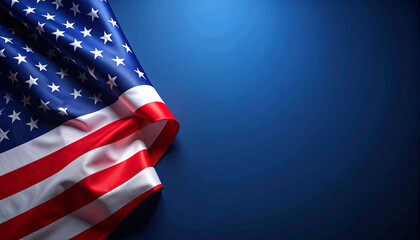 Patriotic American Flag Draped Across Blue Background With Stars and Stripes, National Pride.