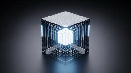 A futuristic glowing cube structure surrounded by digital layers, representing advanced technology, data processing, and artificial intelligence systems. This high-tech visual symbolizes innovation, c
