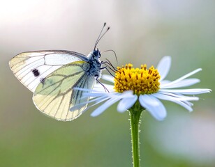 A close-up view of a butterfly perched delicately on a white and yellow daisy, captured with soft lighting