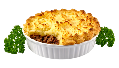 Savory shepherd's pie with mashed potato topping in a white dish, garnished with parsley