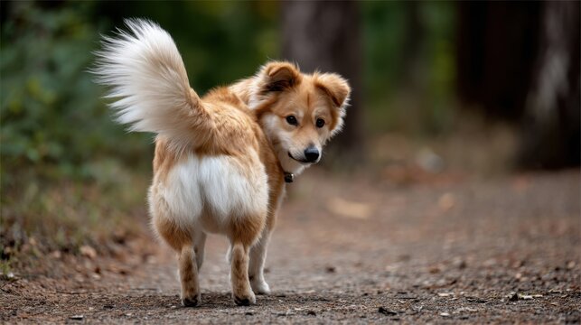 Playful Dog Walking on a Trail Surrounded by Lush Nature Scenery