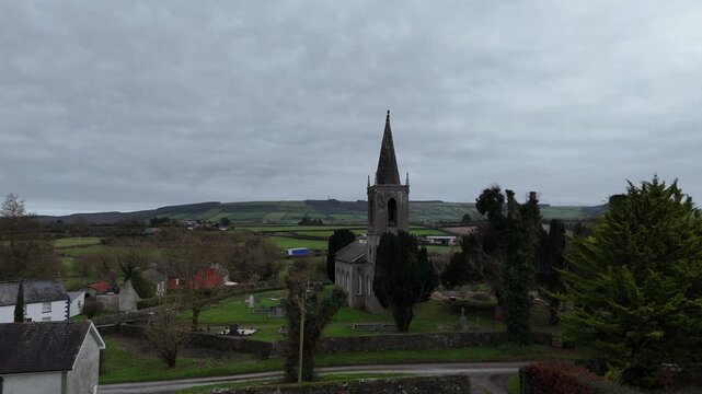 Aerial View of St Bridget&rsquo;s Church and Cemetery in Attanagh, County Kilkenny, Ireland (4K Drone Footage)