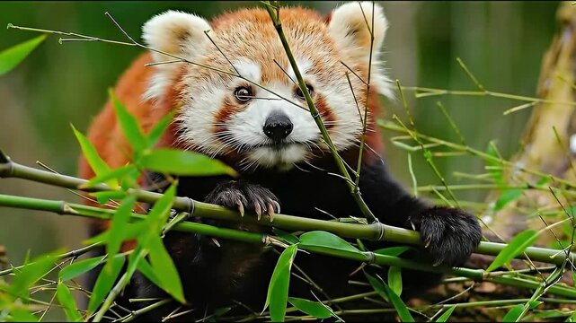 Adorable Red Panda Cub Eating Bamboo Leaves