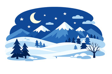 A nighttime abstract winter scene featuring trees and mountains