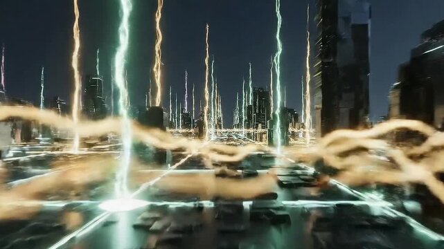 Futuristic smart city night view with pulsing emerald and gold energy grid optimized by AI load balancing