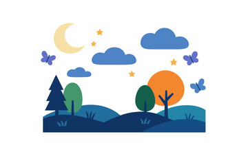 Abstract landscape of trees, butterflies, and clouds at night