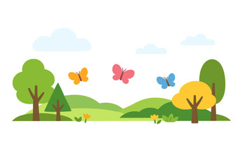 Butterflies and clouds hover above abstract landscape trees