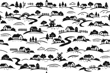 Background with a seamless, abstract, monochrome, hand‑drawn village map pattern