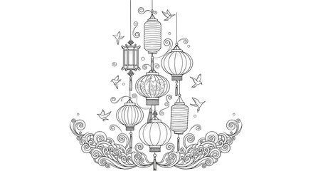 ornamental hanging lanterns with decorative wave pattern illustration