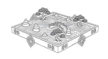 isometric zen garden landscape with stones and patterns illustration