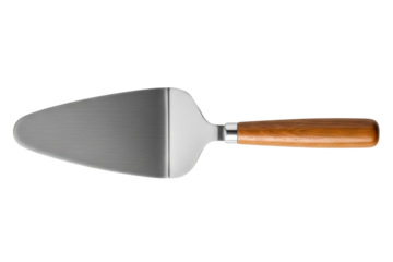 Stainless steel cake server spatula with smooth wooden handle isolated on transparent background