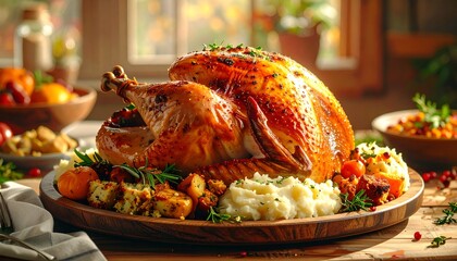 A roasted turkey centerpiece on a wooden platter, surrounded by side dishes