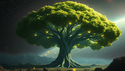 Interstellar colony built around a giant tree in space, glowing leaves producing oxygen, sustainable technology integrated into its roots