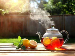 Steaming Hot Lemon Tea in Glass Teapot on Wooden Table Outdoors