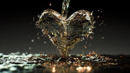 Golden Water Splash Explosion Creating Heart Shape