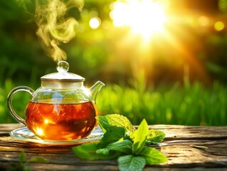 Steaming Mint Tea in Glass Teapot with Golden Sunlight and Fresh Leaves on Rustic Wooden Table Outdoors