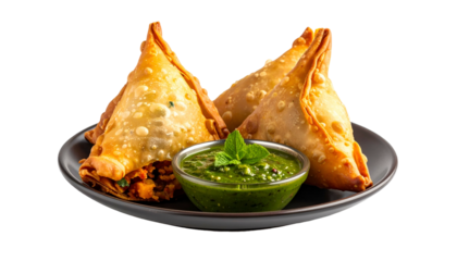 Crispy golden triangle-shaped pastries with green chutney on a dark plate, isolated