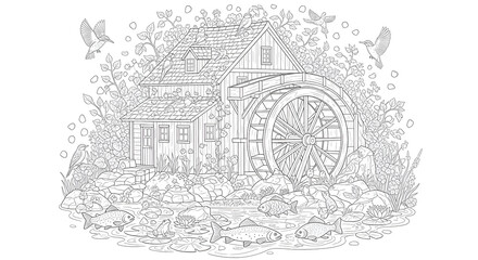 peaceful countryside village with watermill landscape illustration