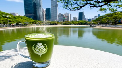 Steaming Matcha Latte with Latte Art in Urban City Park
