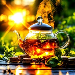 Hot Mint Herbal Tea in Glass Teapot with Steam, Cookies, and Golden Hour Sunset Light