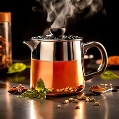 Steaming Spiced Chai Tea in Elegant Glass Teapot with Aromatic Herbs and Spices