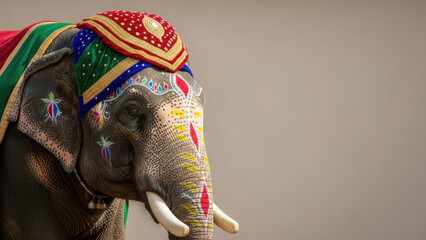 Decorated elephant head with vibrant textile headpiece, face paint markings. Elephant displays intricate ornamentation, ceremonial regalia, cultural artistry.